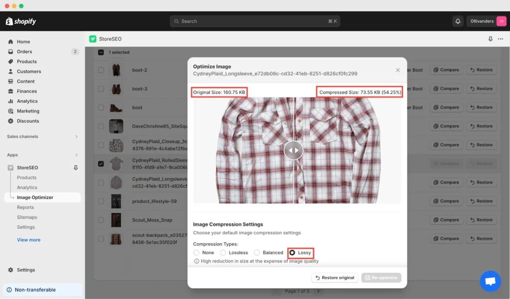 Lossy image compression reduces Shopify file size